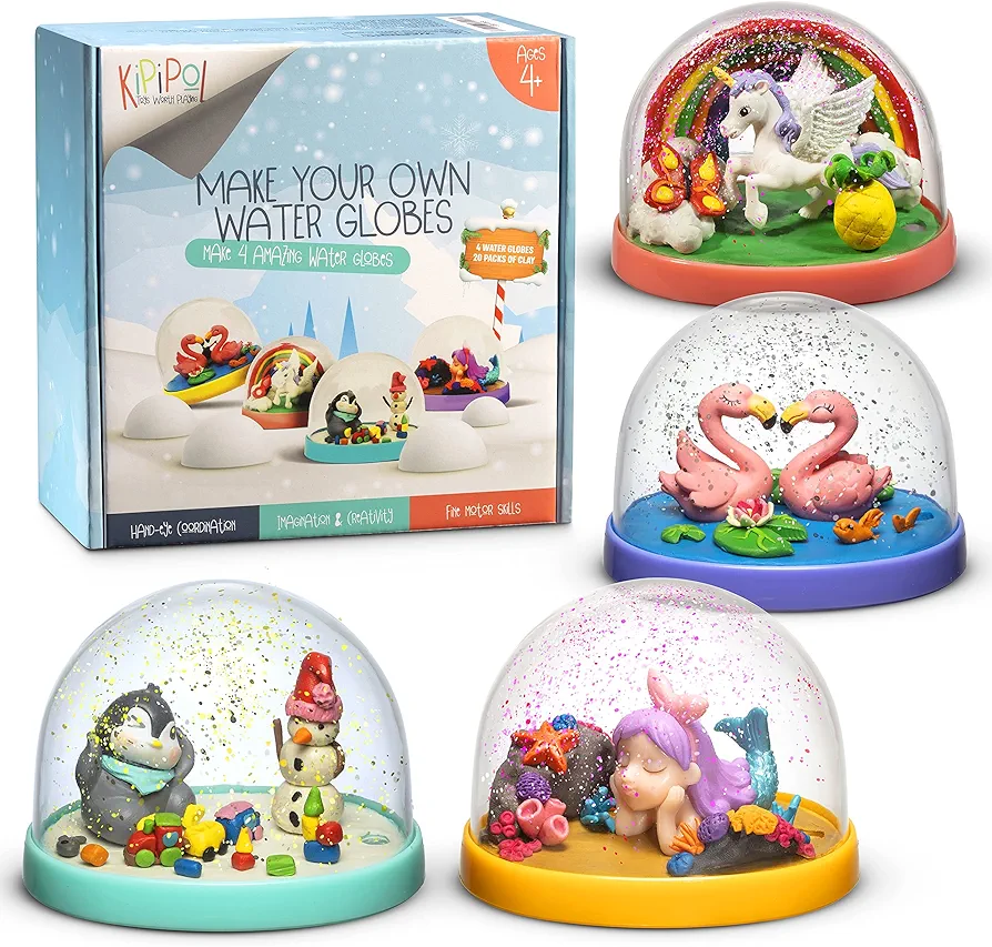 Snow Globe Making Kit for Kids - Make Your Own Snow Globes for Girls w/ 4 DIY Snowglobe, 5 Figures, 20 Packs of Modeling Clay for Kids for Sculpting - Arts and Crafts for Girls & Boys 8-12-4-8