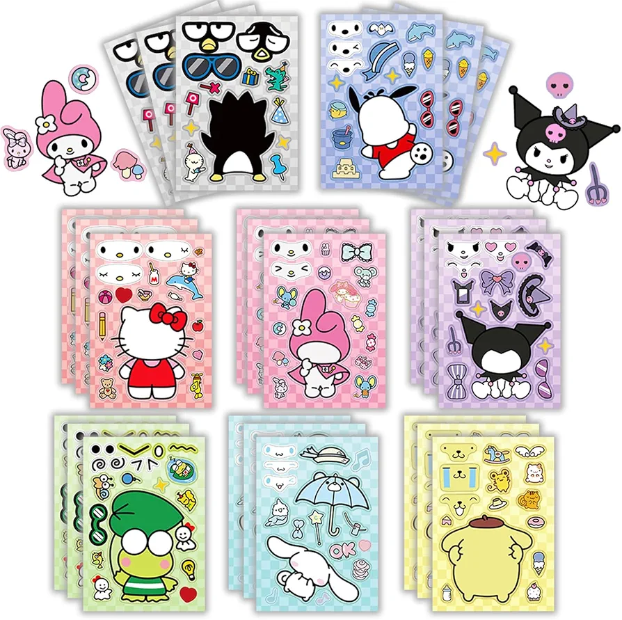 Cute Sanrio Stickers for Kids, 24 Sheets Make Your Own Cartoon Anime Stickers, Make a Face Stickers for Teens Girls Boys, Classroom Rewards, Anime Themed Art Craft Party Supplies (pink)