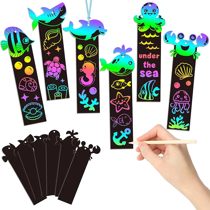 BeYumi 60Pcs Sea World Animals Scratch Bookmarks for Kids DIY Under The Sea Magic Art Rainbow Color Paper Craft Kit Summer Party Favors Birthday Gifts School Classroom Activity Art Project Supplies