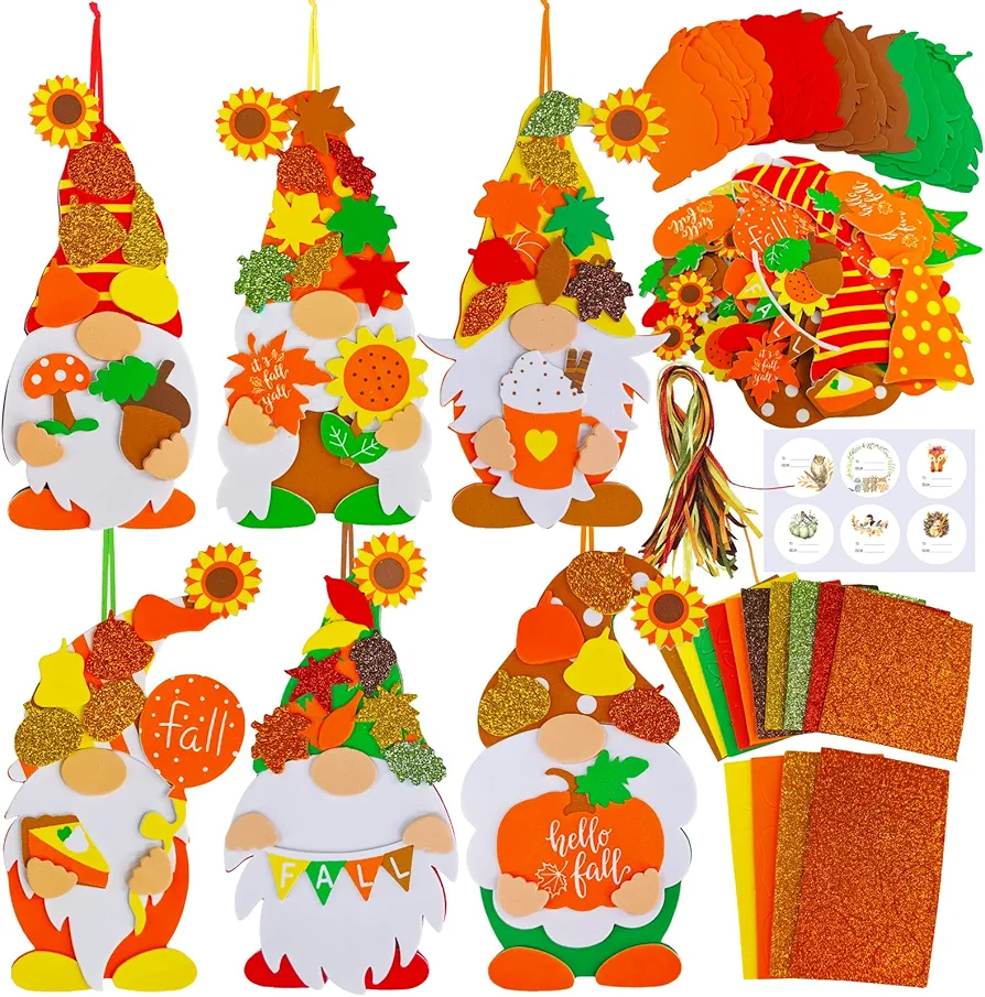 Winlyn 24 Sets Fall Craft Kits DIY Fall Gnome Ornaments Decorations Art Sets Fall Leaf Pumpkin Sunflower Foam Stickers Arts and Crafts for Kids Autumn Halloween Thanksgiving Activity Art Project