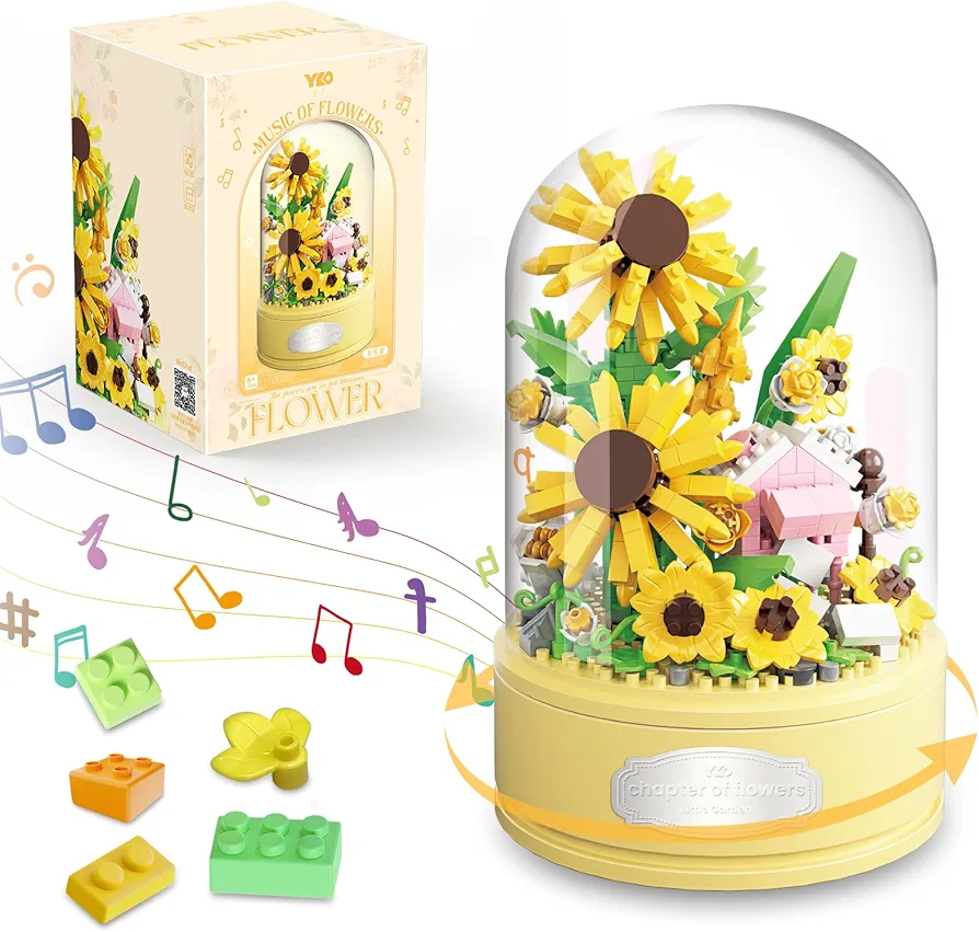 Sunflower Bouquet Building Kit, 577 Pcs Mini Bricks Building Blocks Sets with Music Box & Dust Cover, DIY Home Decor Artificial Flower Toys, Mother's Valentines Day Gifts for Her Women Mom Wife