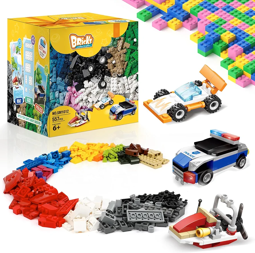 EP EXERCISE N PLAY Bulk Brick Kit (557 PCS) Builds Police Car, Yacht, Racing Wheels, Accessory Bricks,Classic Colors-Compatible with All Major Brands,Birthday and Christmas Educational Gift for Kids