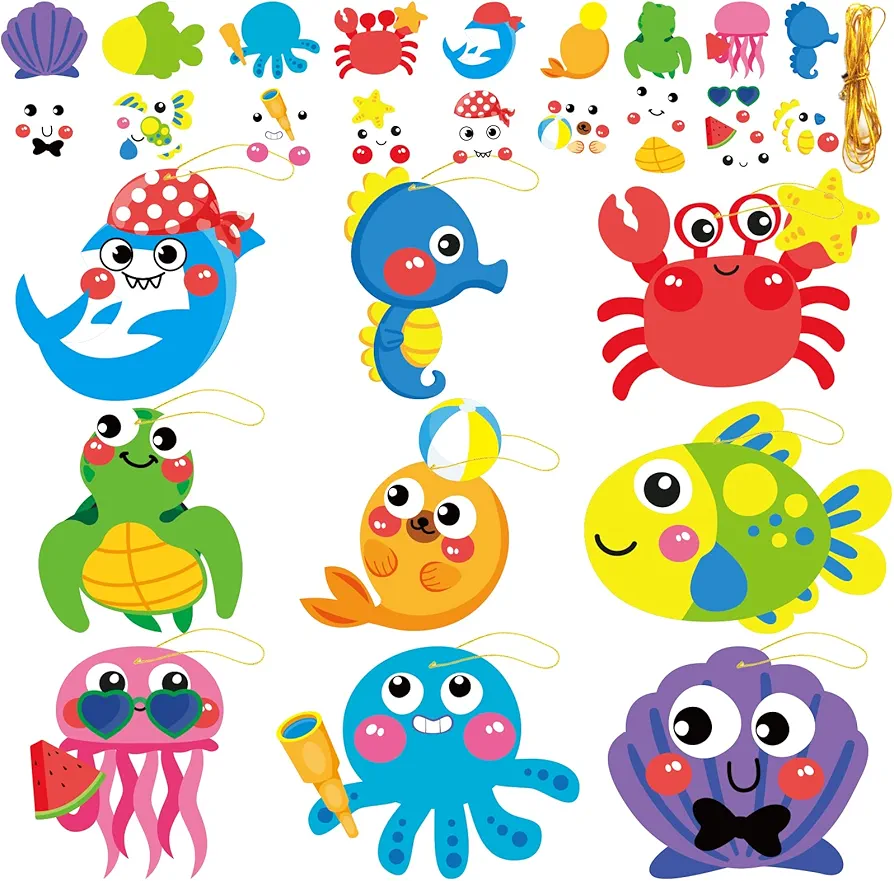 27 Sets Summer Under The Sea Craft Kits Kids DIY Ocean Sea Animal Craft Preschool Art Craft Project, Make Your Own Ocean Animal Bulk Set for Home Classroom Day-Care Game Activities