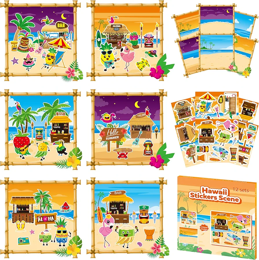 CY2SIDE Hawaii Stickers Scene Set - Make Your Own Hawaii Beach Scene Stickers Art Craft DIY Tropical Hawaii Sticker Scene Craft Kit for Kid Mix Match Flamingo Stickers for Kid Luau Party Game Supplies