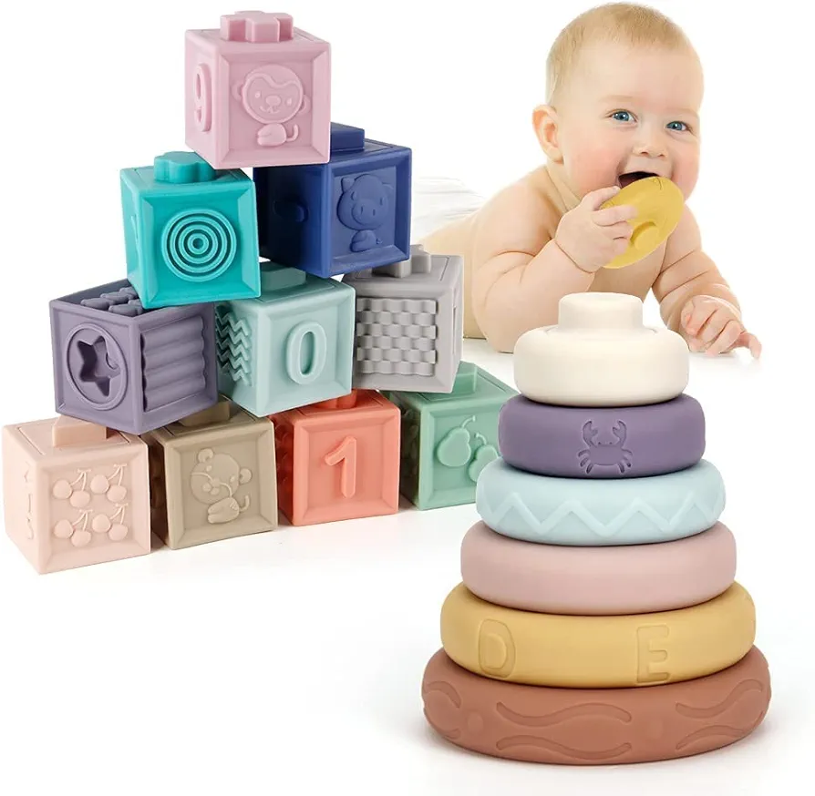 Mini Tudou Baby Blocks & Stacking Circles Toy Set, Baby Sensory Building & Teething Toys Educational Squeeze Play with Animals Shapes Textures Numbers, Best for Toddlers Babies 6m+