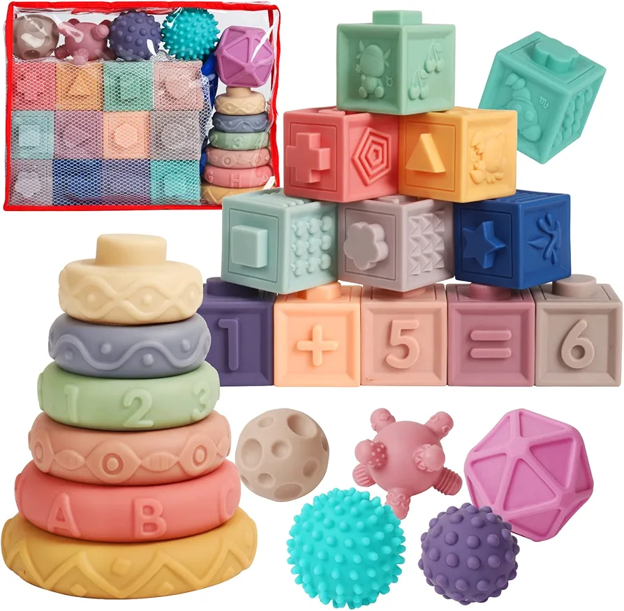 Baby Toys 6 to 12 Months Baby Blocks Soft Stacking Toys for Infant, Montessori Toys for Babies 1 2 3 Years Old Building Blocks Toys for Babies 6 Months and Up, Educational Learning Toys, 23PCS