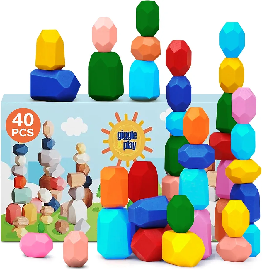 Giggle & Play - 40 Pcs Wooden Stacking Stones Set, Montessori Toys for 3+ Year Old, Stacking Blocks for Fine Motor Skills & Creativity, Multicolor Playset for Toddlers & Kids, Free Storage Bag