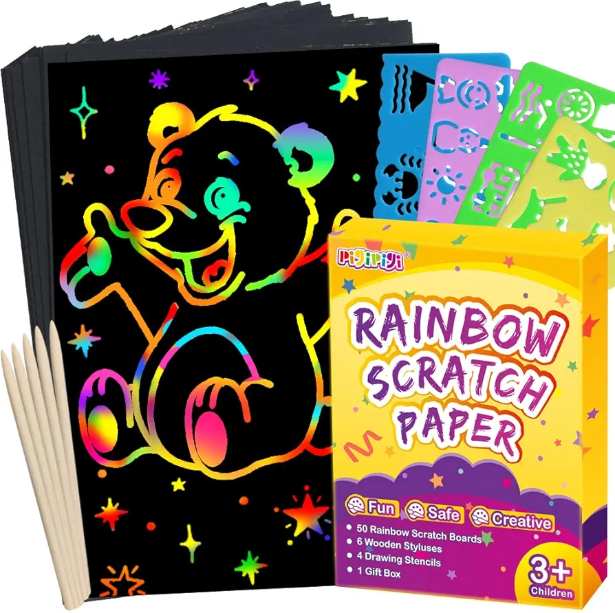 pigipigi Art Crafts Set for Kids: 60 Pcs Rainbow Scratch Paper Art Supplies Kit Scratch Pads Drawing for Girls Boys 3-12 Year Old Party Favor Easter Christmas Birthday Gift Games Activity Toy