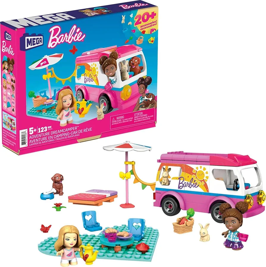 MEGA Construx Barbie Kids Building Toy Set, Adventure DreamCamper with 123 Pieces, 2 Micro-Dolls, Furniture and Accessories, Pink, Ages 5+ Years