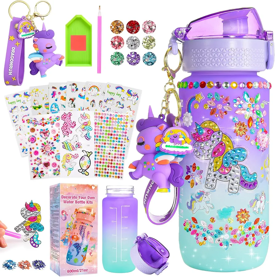 Made Your Own Water Bottle for Kids-Unicorn Toys for Girls Age 4-6 Art Supplies with Cute Keychain & Stickers for Kids Gifts for Girls Ages 4, 5, 6, 7, 8, 9, 10-12(Purple Unicorn)