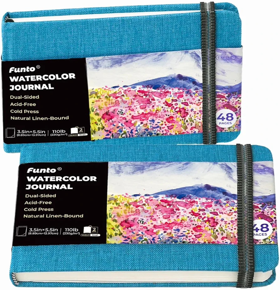 Funto Watercolor Journal, 3.5x5.5, 2 Pack, 48 Pages Each, Blue Cloth Cover，Cold-pressed Watercolor Paper, 110 lb/230 gsm, Art Supplies for Watercolor Techniques and Mixed Media