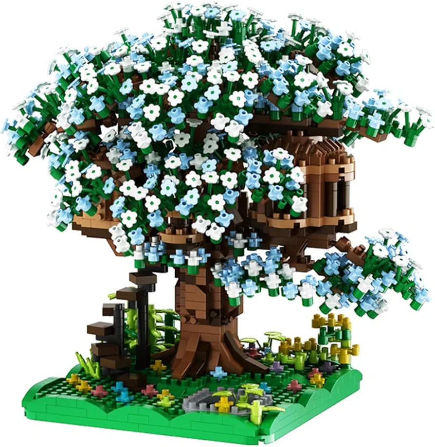 BDYDT Blue Cherry Blossom Bonsai Tree Building Blocks Set,（1443 Pieces） Flower Treehouse Model Mini Building Block Toys,Tree House Model Toys Gifts for Kid and Adult