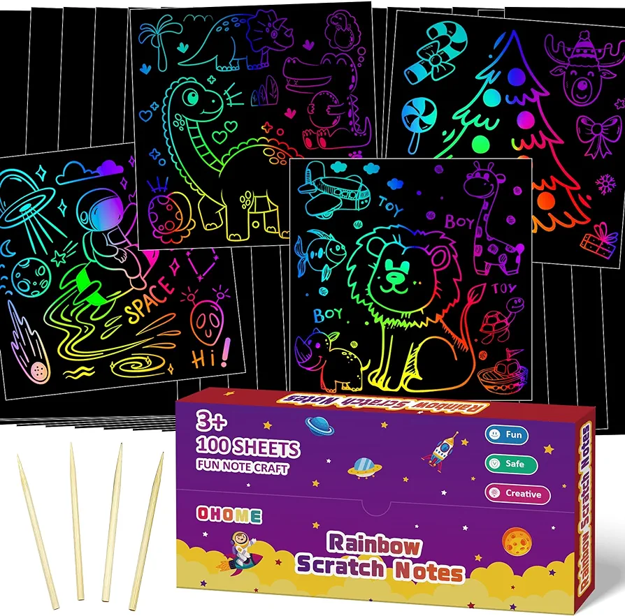 OHOME Scratch Art for Kids - 100 PCS Mini Rainbow Magic Paper - Arts and Crafts for Kids Ages 8-12,Stocking Stuffers for Kids,Games Toys for 3 4 5 6 7 10 Year Old Boy Girl Birthday Gift Stuff Supplies