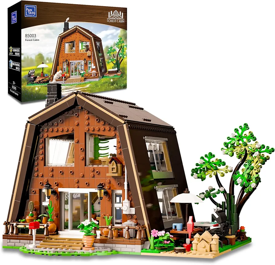 PANTASY Wood-Cabin Building Set, Cabin House Building Bricks Set, Buildable Architecture with Outdoor Pool and BBQ Model Building Kit, Construction Building Set for Adults and Teen