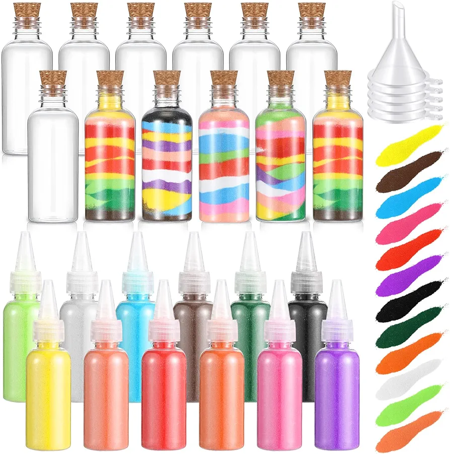 Shappy 12 Pack Sand Art Kits Include 12 Pcs 1.7 oz Plastic Sand Art Bottles, 12 Colored Art Sand, 5 Mini Plastic Funnels for Wedding Birthday Party Decoration Arts Crafts Supplies(Cork Cap)