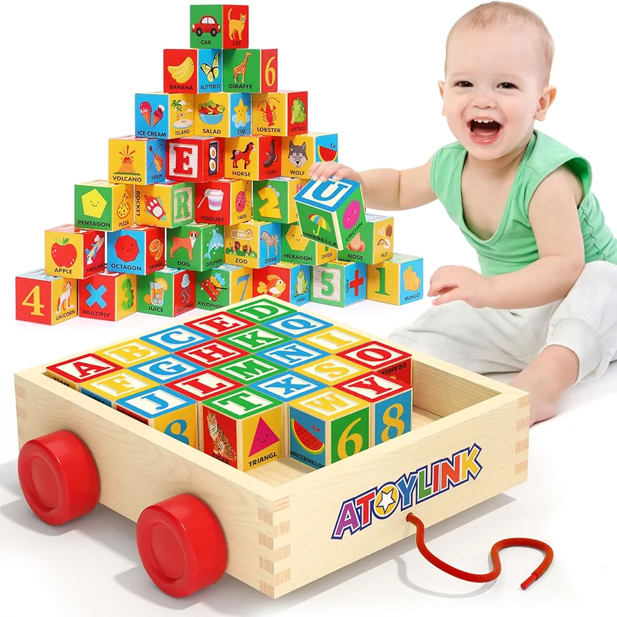 Atoylink 30 Pcs Wooden ABC Building Blocks for Toddlers, Alphabet & Number X-Large Stacking Toys with Storage Pull Toy Car Learning & Education Montessori Toys for Boys Girls Gifts