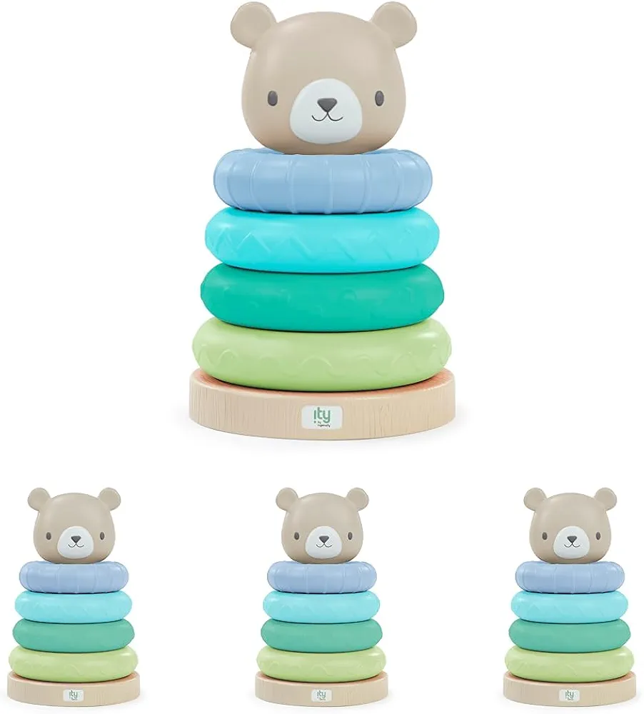 Ingenuity: ity Cutie Stacks, 4 BPA-Free Rings, Faux Wood Stand, Bear Topper, Unisex, for Ages 6 Months and Up - Nate (Pack of 4)