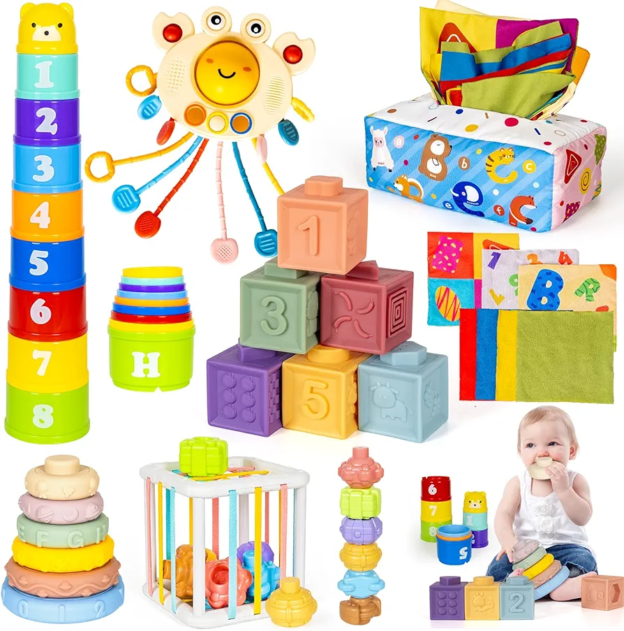 6 in 1 Montessori Toys for Babies 6–12 Months Stacking Block Soft Infant Ring Shape Learning Sensory Bin Pull String Teething Toy Tissue Box for Toddlers 1 2 3 Year Old Boy Girl Gift