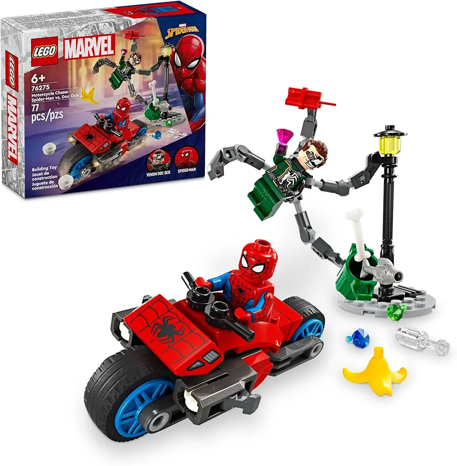 LEGO Marvel Motorcycle Chase: Spider-Man vs. Doc Ock, Celebrate Spider-Man Day with This Buildable Toy for Kids, 2 Marvel Minifigures, Super Hero Toy, Gift for Boys and Girls Ages 6 and Up, 76275