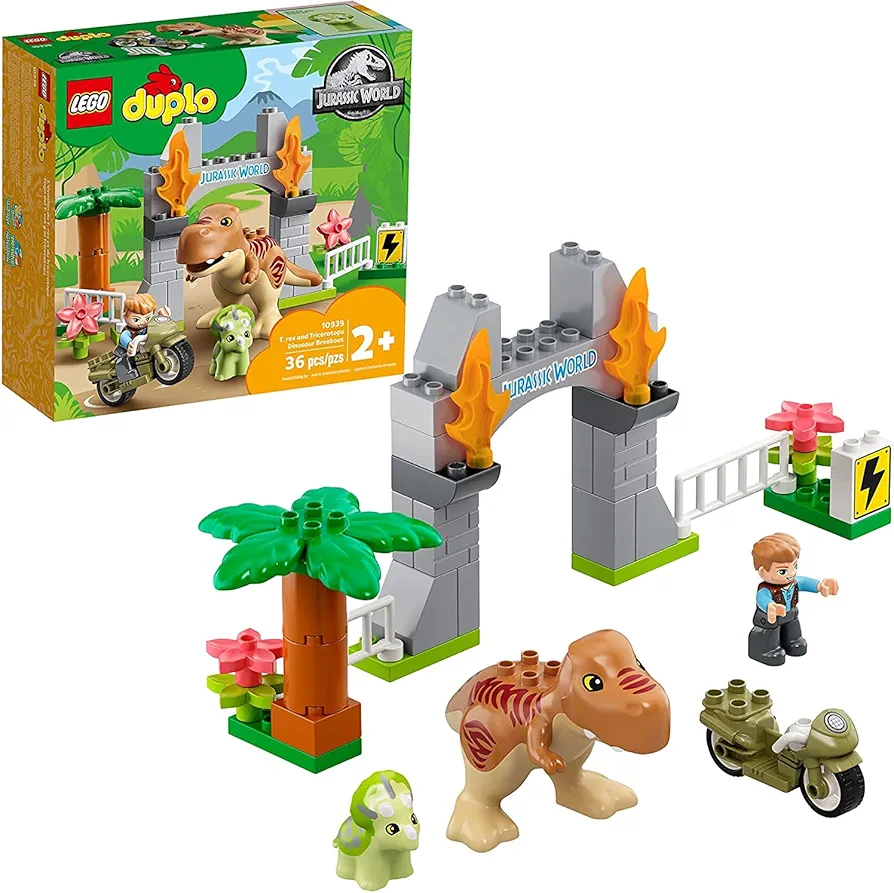 LEGO DUPLO Jurassic World T. rex and Triceratops Dinosaur Breakout 10939 Building Toy Gift for Young Dinosaur fans; New 2021 (36 Pieces)