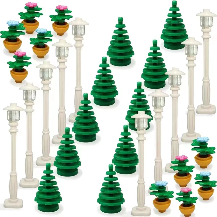 City Street Lamp House Garden Building Accessories with Lights Trees and Flower Pot Block Toys Compatible with Major Bricks