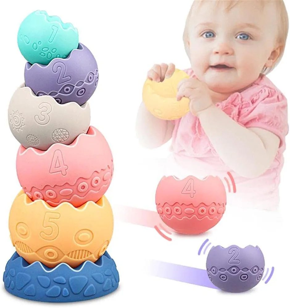 Baby Sensory Balls Teething Toys 6 9 12 18 Months Soft Building Blocks Toddlers Montessori Early Developmental Educational Fine motor skills Stacking Ring Infant Boys Girls Gifts One 1 2 3 Year Old