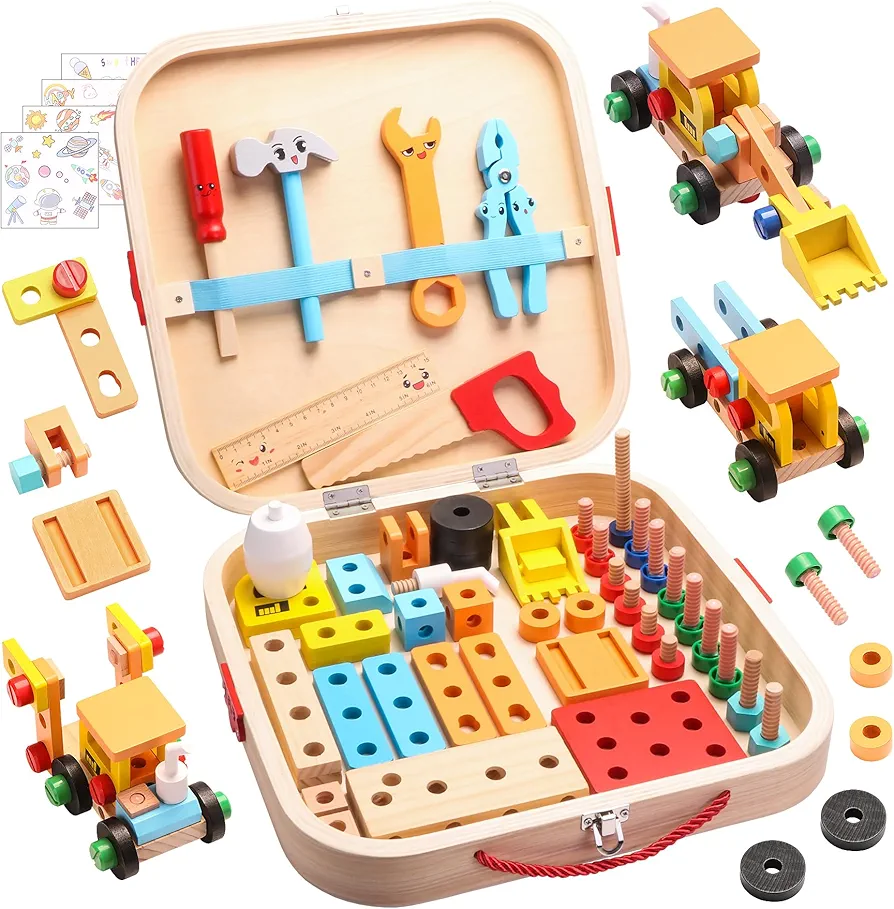 Tool Kit for Kids,52pcs Wooden Toddler Tool Set Includes Tool Box,Montessori Educational Construction Toys for 2 3 4 5 6 Year Old Boys Girls