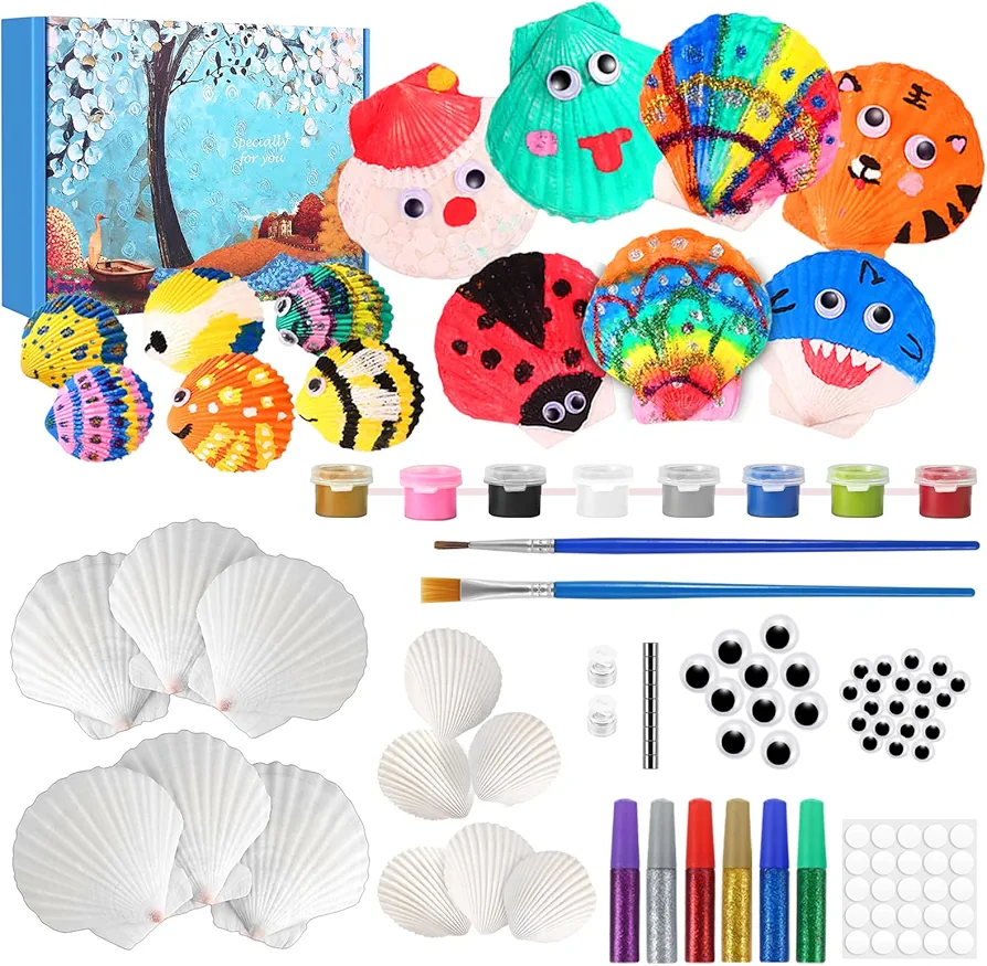 Sea Shell Painting Kit for Kids, Christmas Birthday Gifts for Girls Boys Toys for Ages 4 5 6 7 8 9, Children DIY Creative Activity Art Toys with Refrigerator Magnets, 4-12 Year Old Arts & Crafts Gifts