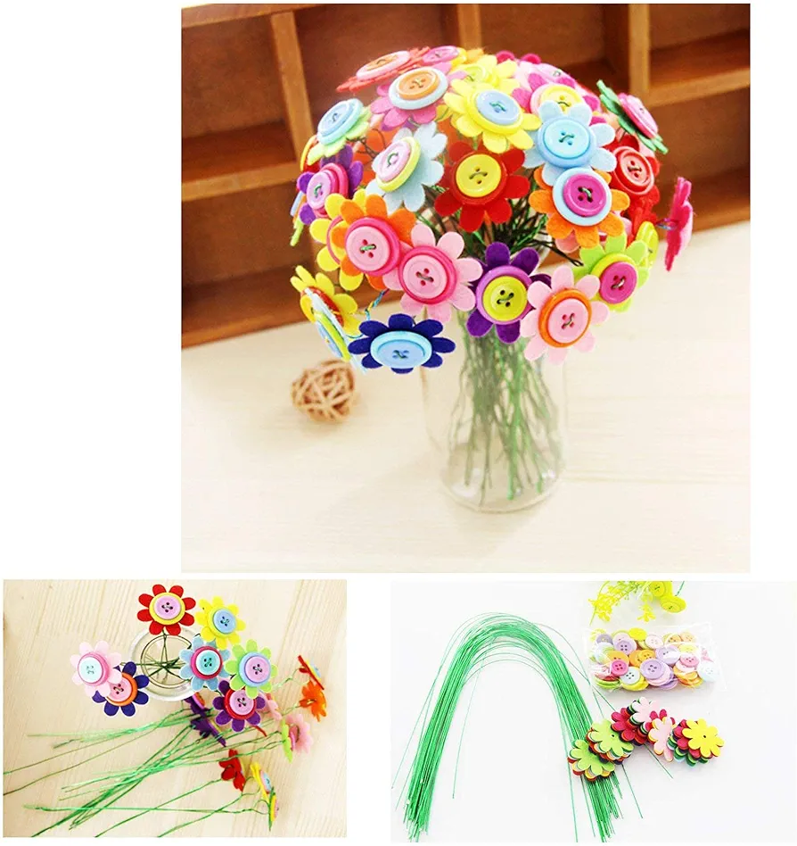 Carykon DIY Craft Iron Wire Button Felt Bouquets Kit, Make 40 Flowers (8-Petal Flowers)