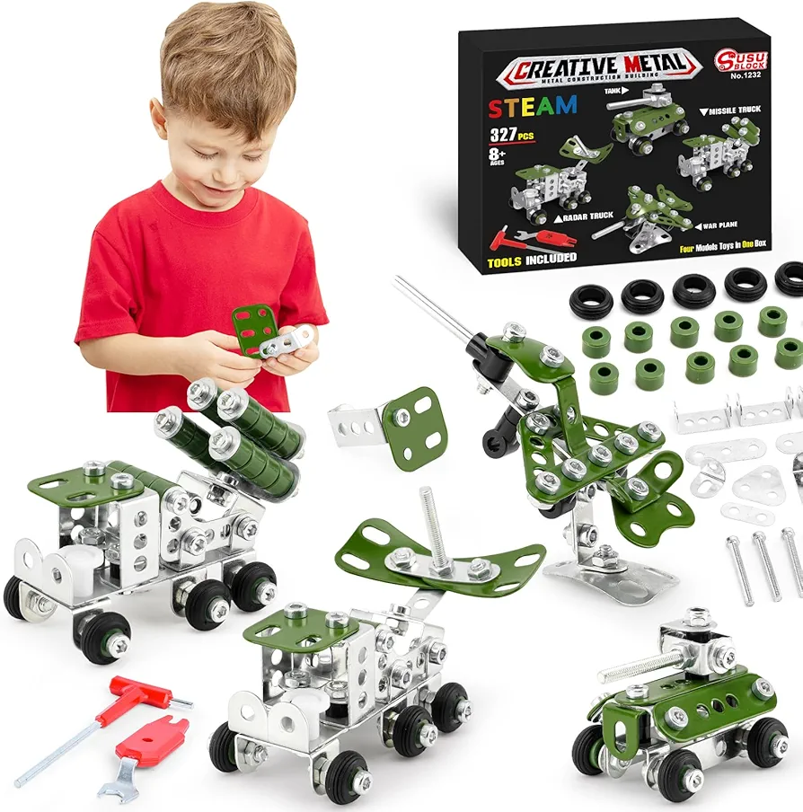 Building Toys for Boys Age 8-12,Erector Sets 4 Mini Army Vehicles Model,Metal Military Models Toys for Kids Ages 8+,DIY Educational Birthday Gifts for Kids Boys 8 9 10 11 12-16 Years Old