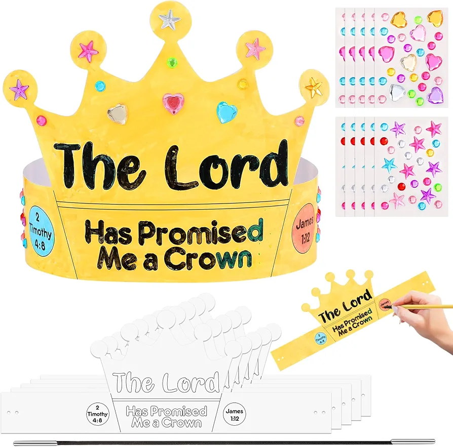 18 Sets The Lord Has Promised Me a Crown Craft Kit with Gems Stickers Elastic Cords VBS DIY Color Your Own Crown Crafts Coloring Kit Headband for Sunday School Home Activities Party Favor