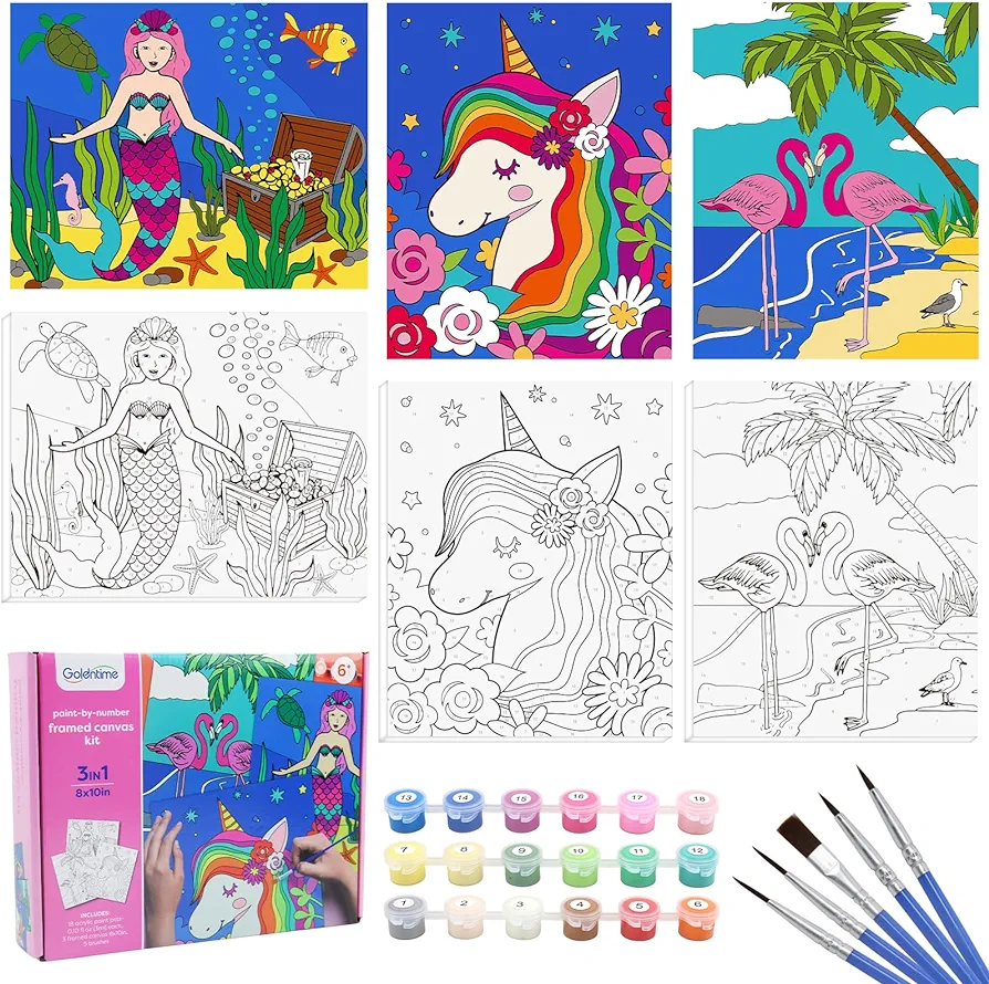 goldentime 3 Framed Canvas Paint by Numbers for Kids Ages 6 8 10 12 –Easy Paint by Numbers Kit for Kids and Adults –Unicorn Painting Kit for Girls, Mermaid Crafts for Girls Ages 6-8-12…