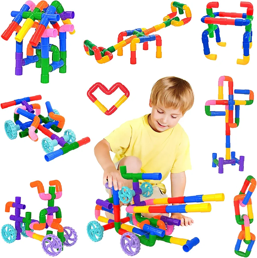 STEM Learning Pipe Tube Toys, Tube Locks Construction Building Blocks 96 Pcs - Multicolor Educational Building Blocks Set with Wheels& Spouts & Joints for Kids Ages 3+