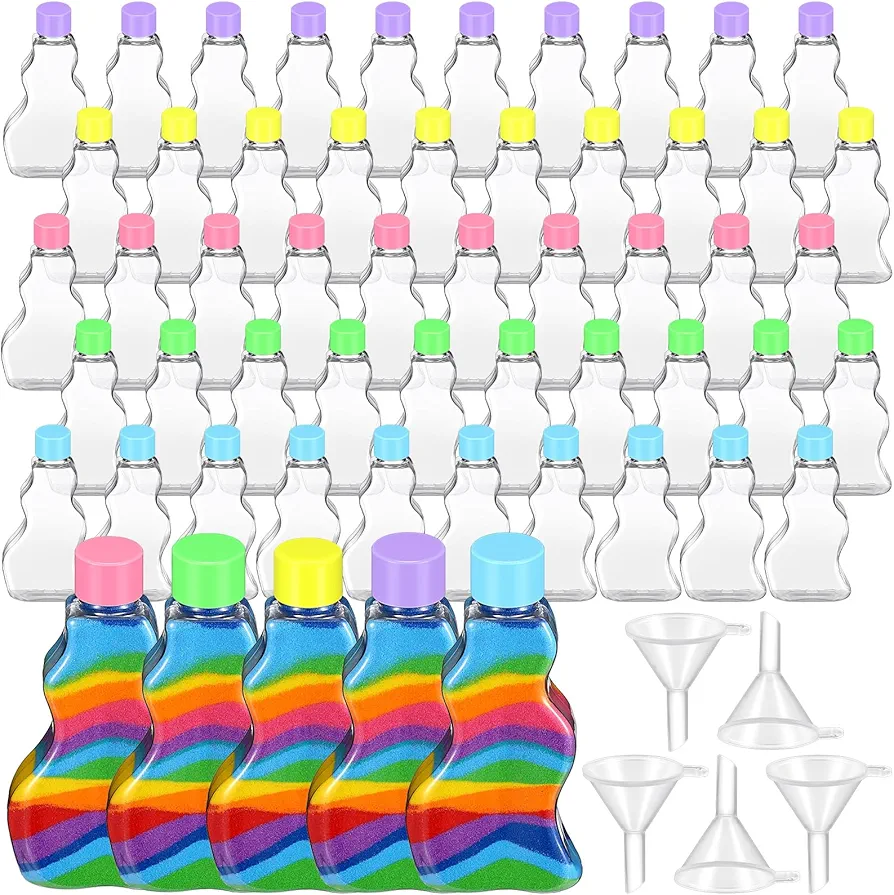 50 Pcs Sand Art Bottles Bulk Wave Shaped Plastic Bottles with Funnels Sand Art Kits for Kids Sand Art Containers Craft Collection Bottle for DIY Activity Party Favor, Sand Not Included (Colorful Lid)