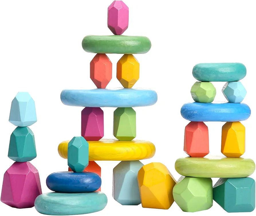 OESSUF Stacking Rocks 26Pcs Stacking Blocks Balancing Stacking Stones Wooden Building Toys Wood Stone Stacking Game for Toddler Sorting Preschool Educational Montessori Stacking Rocks for Kids