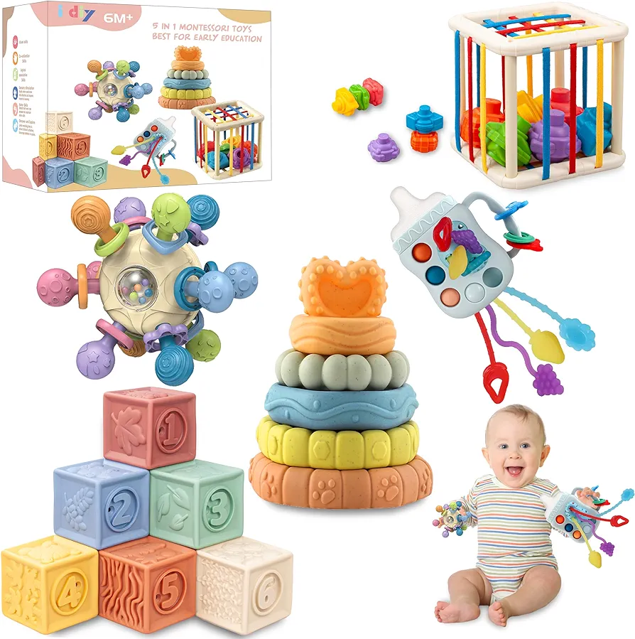 Baby Toys 6-12 Months,5 in 1 Baby Montessori Toys for 0-6-12 Months,Incl Pull String Toy & Shape Sorter & Stacking Baby Block & Manhattan Ball & Baby Blocks