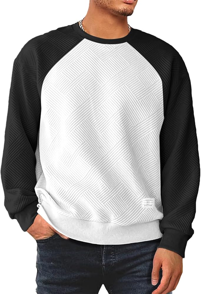 Men's Fall Crewneck Sweatshirts Patchwork Long Sleeve Geometric Texture Casual Pullover Shirt