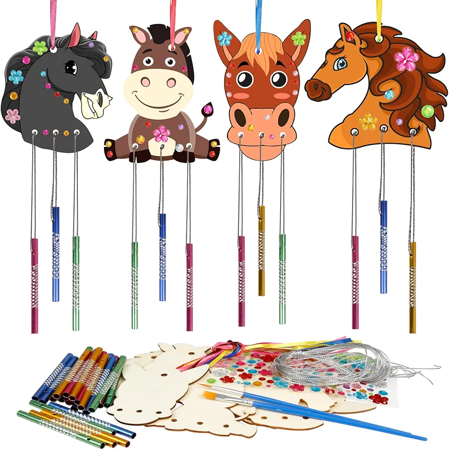 8 Pack Wind Chime Kit for Kids Make Your Own Horse Head Wind Chime Wooden Arts and Crafts for Girls Boys Ornaments DIY Coloring Horse Craft for Art Activity Birthday Party Supplies