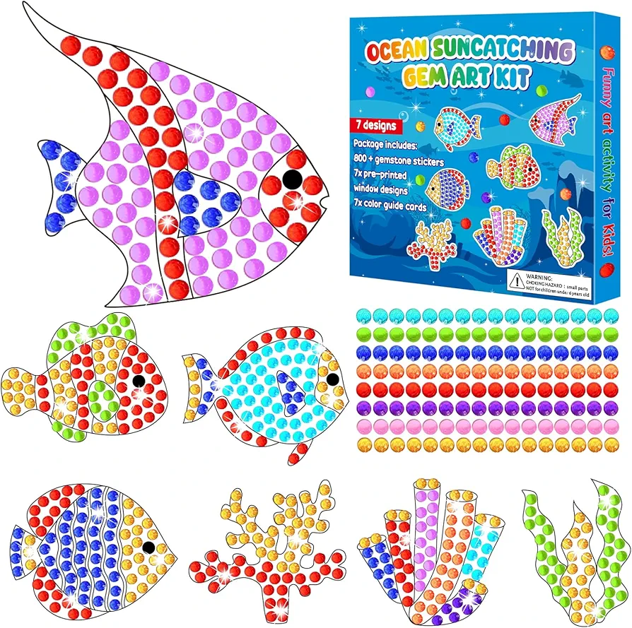 7pcs Summer Crafts Ocean Sea Arts Crafts DIY Under The Sea Gem Diamond Suncatcher Crafts for Kids Ocean Diamond Painting Gifts for Kids Bulk Aged 4 6 8 10 for Birthday Party Home School Decor