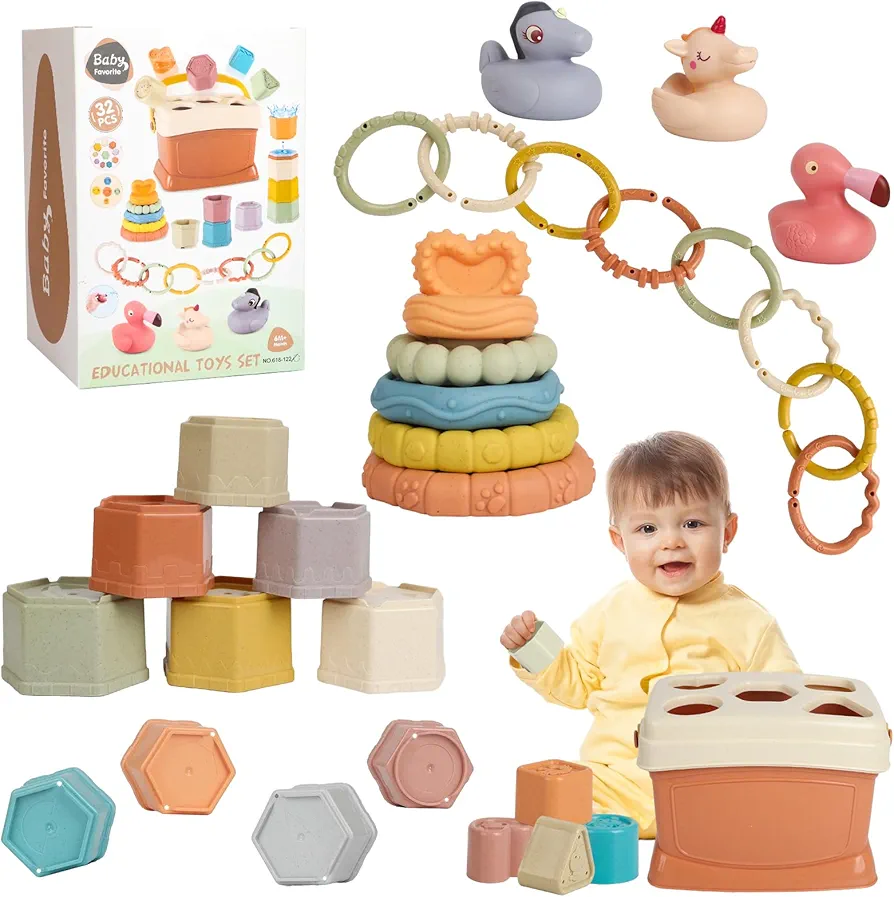 5 in 1 Montessori Baby Toys for 6-48 Months,Stacking Cups,Rings Toy Links,Soft Stacking Rings,Blocks Set,Soft Animals Toys for Toddlers 1-3 Year Old Boys Girls Infant Bath Time Fun