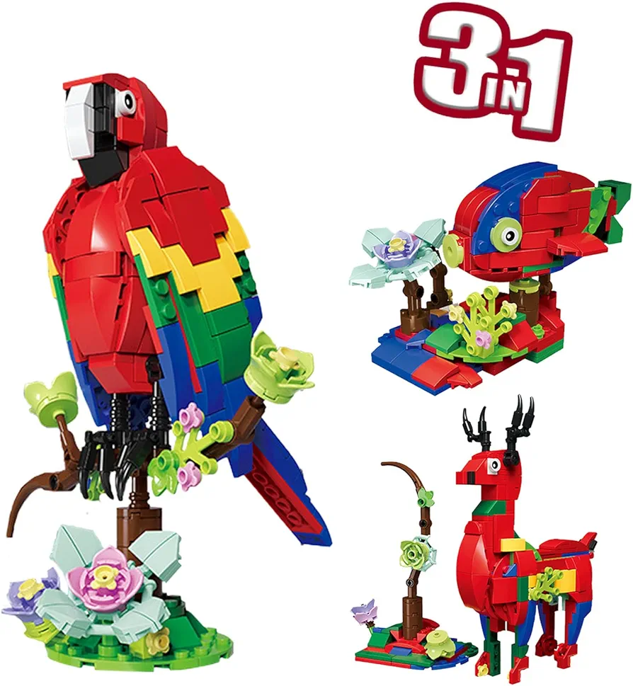 Parrots Building Blocks, Compatiable with Lego 3 in 1 Creator Birds Animals Figures - from Parrot, to Deer, to Fish, STEM Birds Building Blocks Toys for Kids Ages 7 and Up