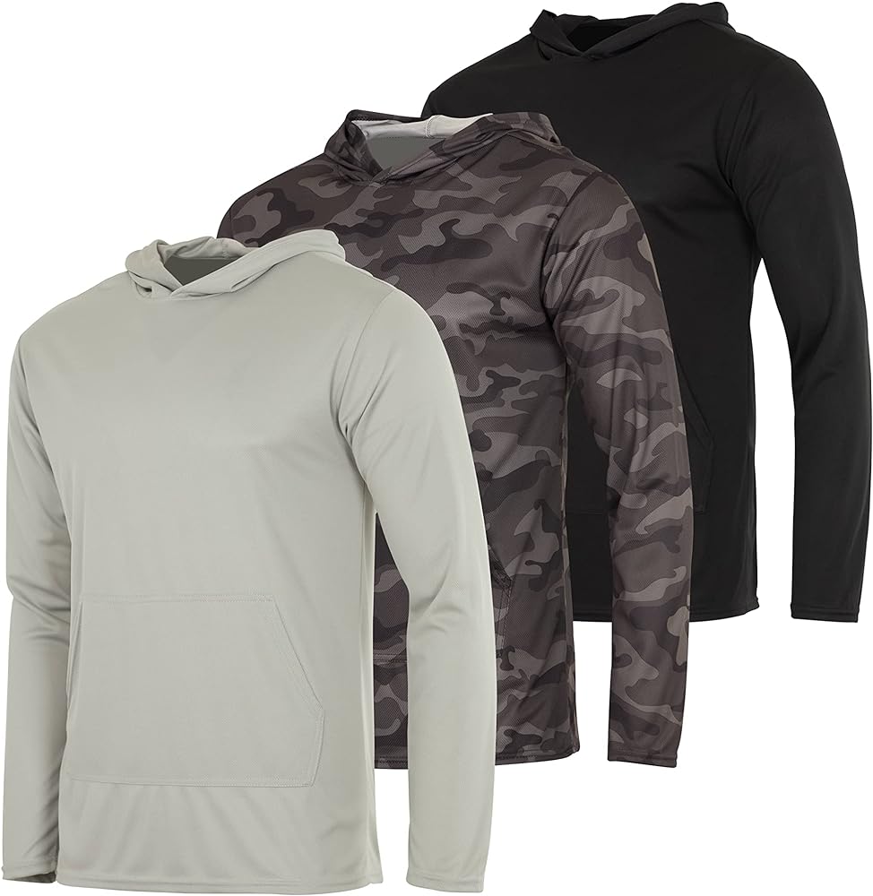 Real Essentials 3 Pack: Men's Mesh Long Sleeve Athletic Pullover Hoodie Sweatshirt Pockets UPF 50+ (Available In Big & Tall)