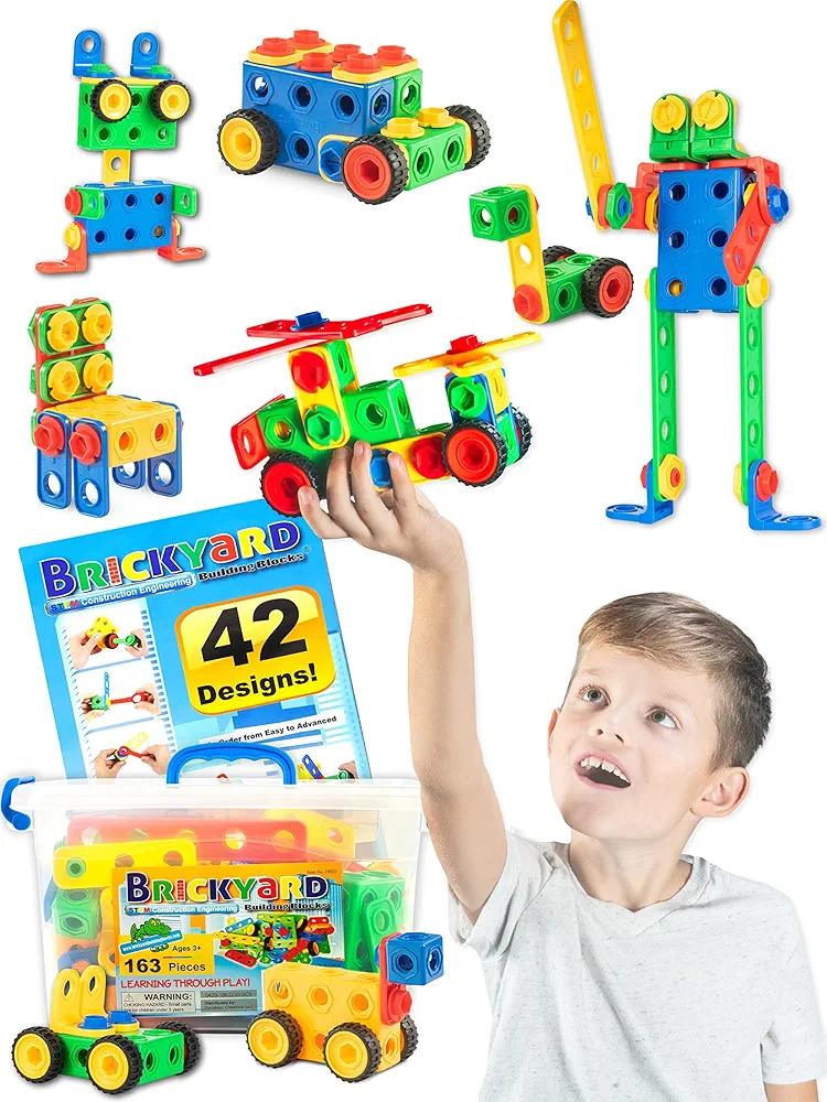 Brickyard Building Blocks STEM Toys - Educational Building Toys for Kids Ages 4-8 with 163 Pieces, Tools, Design Guide and Toy Storage Box, Easter Basket Stuffers Gift for Boys & Girls