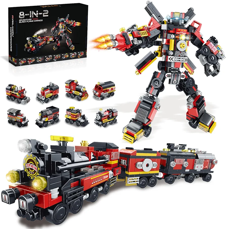 Transforming Train Building Block Toys for Boys Girls Aged 6-12.Steam Train or 8 Locomotive Models or Train Warrior Robot.Wheeled Train Toys.8in2 Construction Toys.Idea Gifts for Kids(766P)