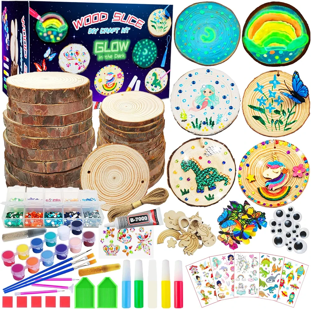 KIRKOTOY Wooden Crafts Kit for Kids-Glow in The Dark-Arts & Crafts Gifts for Boys Girls Age 6-12, 24 Wood Slices with Painting Craft Activities Kits, Creative Art Toys for 6 7 8 9 10 11 12 Year Old