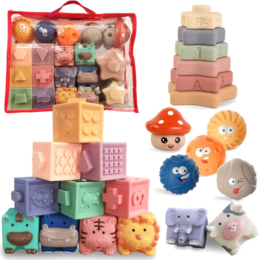 Montessori Toys for Babies 6-12 Months Baby Toys 4 in 1 Baby Blocks Soft Stacking Building Blocks Rings Balls Sets Baby Sensory Toys 6-12 months Infants Teething Toys