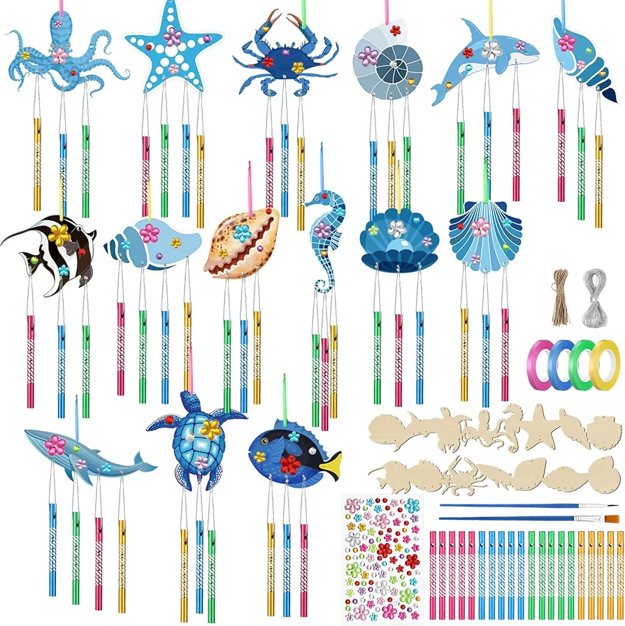 Anglechic 128 Pcs Wind Chime Making Kit for Kids Make Your Own Sea Animals Wind Chime Wooden Ocean Animals Arts Ornaments for Girls Boys DIY Crafts Activity Birthday Summer Party Decoration