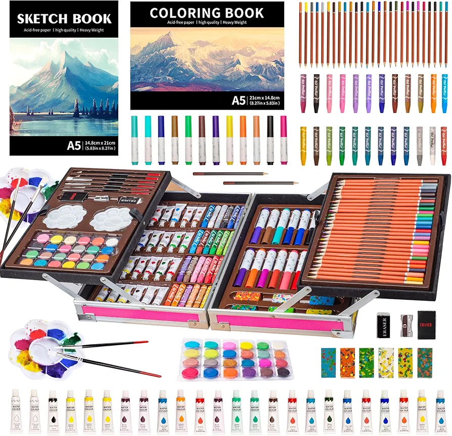 KINSPORY Art Supplies, 139 Pack Painting Drawing Art Kit with 2 Sketch Pads, Deluxe Double Layers Art Set Crafts, Colored Pencils, Oil Pastels, Watercolor Paints, Aluminum Gift for Artists Kids (Pink)