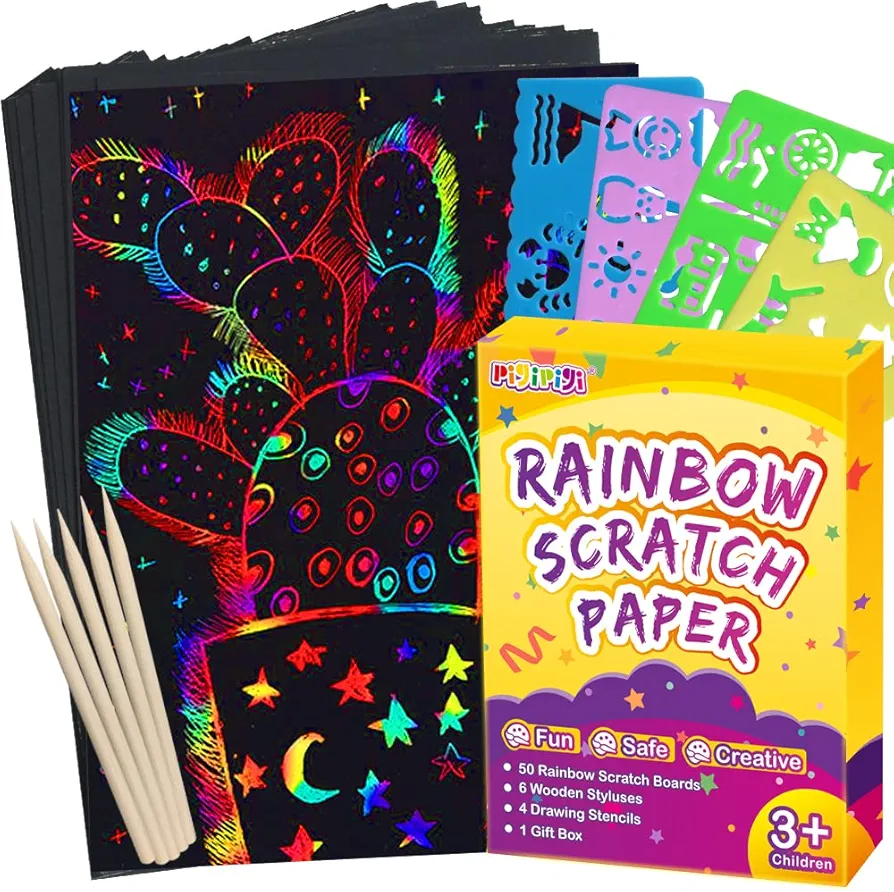 pigipigi Scratch Paper Art for Kids - 60 Pcs Magic Rainbow Scratch Paper Off Set Crafts Supplies Kits Pads Sheets Boards for Party Games Easter Christmas Birthday Gift