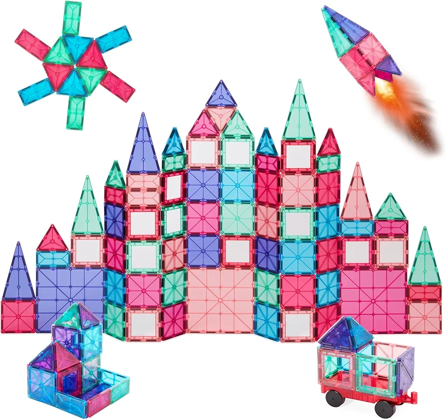 Best Choice Products 110-Piece Kids Colorful Magnetic Tiles Set 3D Construction Magnet Building Blocks Educational STEM Toy with Case - Pink